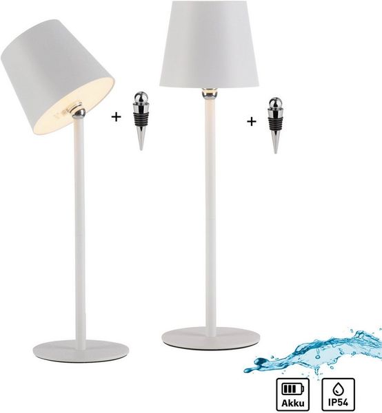 JUST LIGHT LED Tischleuchte BOTERIA - Set 2 Stück, inkl. Flaschenaufsatz, Memoryfunktion, LED fest integriert, Warmweiß, Akkubetrieben, aufladbar, magnetisch, dimmbar, In- und Outdoor