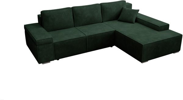 Ecksofa Milo, Sofa mit Schlaffunktion und Bettkasten, Couch L-Form, Sofa Rechts, Cord-Stoff, 273 x 85 x 185 cm, Grün