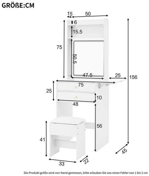 Merax Schminktisch mit Spiegel, LED-Beleuchtung, Einstellbare Helligkeit, (1-St, klappbarer Tischplatte, 2 Schubladen, Hocker) Bild 4