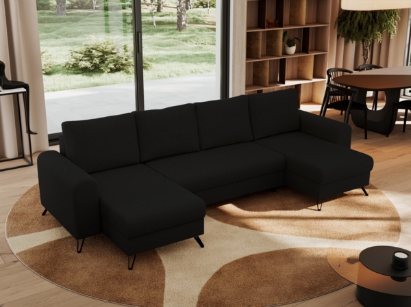 U-förmige Ecksofa, XXL Universalecke mit losen Kissen zum Wohnzimmer, Bettkästen und Schlaffunktion, schwarze Metallbeine - AXEL U - Schwarz Boucle