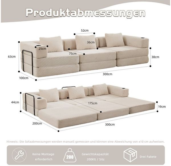 Leawin Sofa Sofas Wohnzimmer, 3-Sitzer Sofa mit Bettfunktion aus Cord, Modulares Schlafsofa, flexibel und bequem mit Kissen