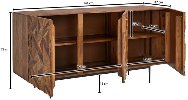 Sideboard 144x72x47 cm Sheesham Massivholz / Metall Anrichte, Kommode mit dre... Bild 4