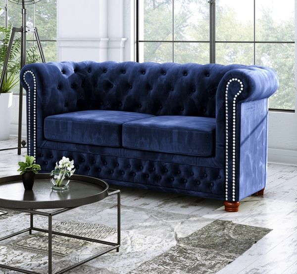 S-Style Möbel Chesterfield-Sofa Leeds 2-Sitzer aus Samt-Stoff mit Holzfüßen, mit Wellenfederung