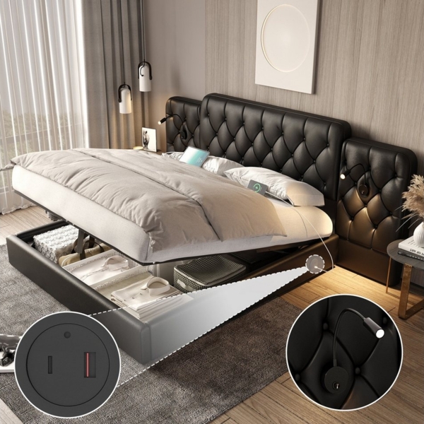 LVHOM Boxspringbett 160x200cm/180x200cm Bettgestell, Samt/PU, diamantgeprägtem Knopf-Design (Kunstlederbett, gepolsterter stabiler Metallrahmenkonstruktion mit flexiblen Nachttischlampe, USB-Ladeanschlüssen, Bettkasten, hydraulischem Stauraum-System, f...