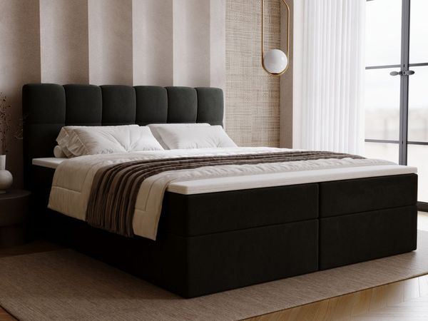 GRAINGOLD Maison Boxspringbett 180x200, Boxspringbett mit zwei Bettkästen, Kopfteil, Velour-Stoff, Dunkelgrau