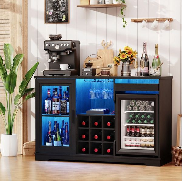 BROTTAR Weinschrank mit Kühlschrank, LED-Beleuchtung und Bewegungsmelder (1-St) mit 9 Weinregalen, 2 Glashaltern, Schubladen und Sichttüren