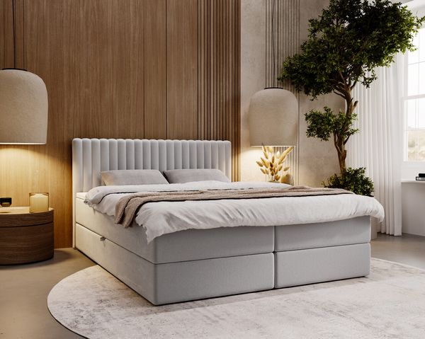 GRAINGOLD Marbella Doppelbett 160x200,Boxspringbett mit Kopfteil und Bettkästen, Velour-Stoff, Hellgrau