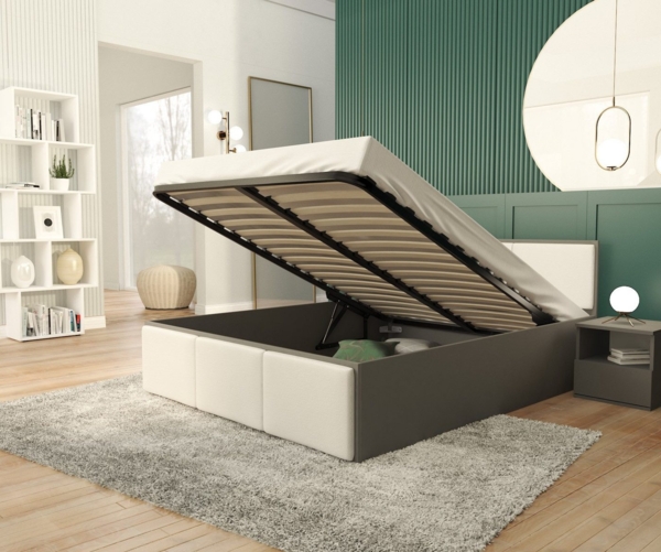 FDM Stauraumbett mit Bettkasten und Lattenrost 120x200, 140x200, 160x200, 180x200 cm (Mit MATRATZE - Bettrahmen mit Bettkasten für viel Stauraum, MADE IN EU - in Grau,Weiß oder Eiche Braun, ideal für Paare), Metallrahmen mit hydraulischer Klappfunktion