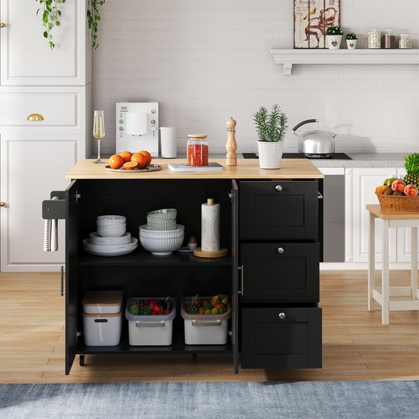 Merax Küchentisch, Arbeitsplatte aus Eichenholz, klappbares Design, multifunktionaler Schrank, 3 Schubladen, Handtuchhalter, Schwarz