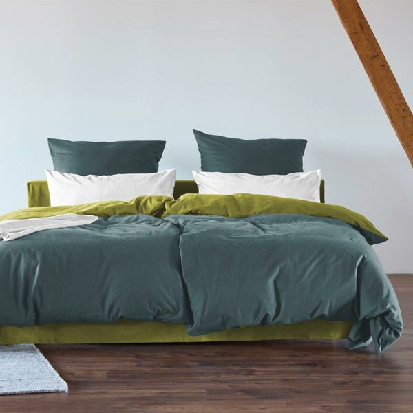 Cotonea Bio Edel-Biber Wendebettwäsche|155x220 cm + 40x80 cm| türkis-olivgrün