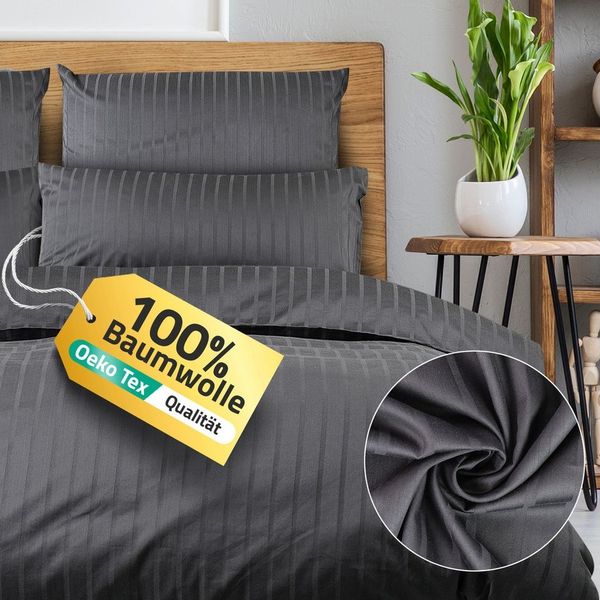 Slummer Bettwäsche Mako Satin 135x200 Baumwolle Kissenbezug 80x80, Damast, 4 teilig, Anthrazit Grau Reißverschluss