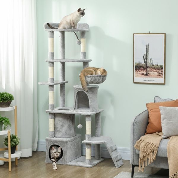 Katzenbaum 170cm hoch, Mehrstufen-Paradies mit Tunnel & Höhlen, Sisal Kratzpfosten, Anti-Kipp-Gurt, für 1-3 Katzen