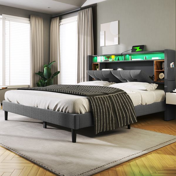 Merax Polsterbett 160*200CM Doppelbett Stauraum-Kopfteil Bett mit aufladen USB und LED-Beleuchtung Bettgestell Lattenrost aus Holz, Grau(Ohne Matratze)