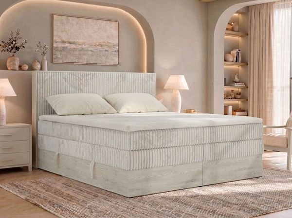 Boxspringbett mit Bettkasten NORDIC KING 200 x 200 cm, 7-Zonen Multipocket-Matratzen H4 und Topper T25, zwei Bettkästen, holz Optik, gepolstertes Kopfteil - Beige Cord