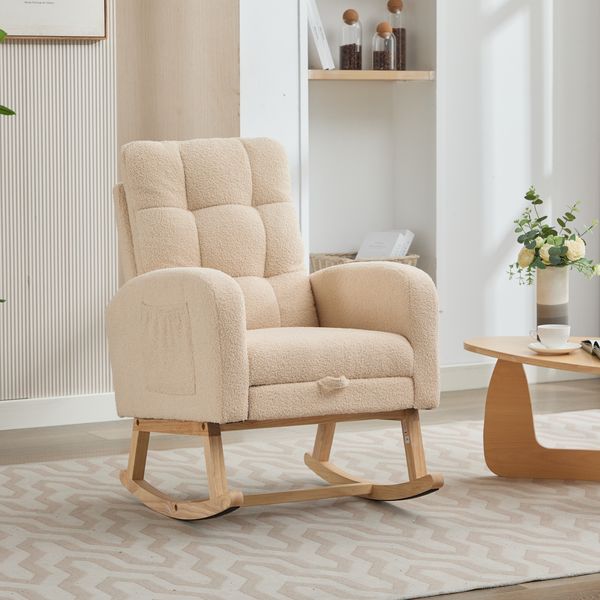 Schaukelstuhl Teddy Stoff Beige mit hoher Rückenlehne und Armlehnen, ergonomischer Relaxsessel mit Massivholzgestell