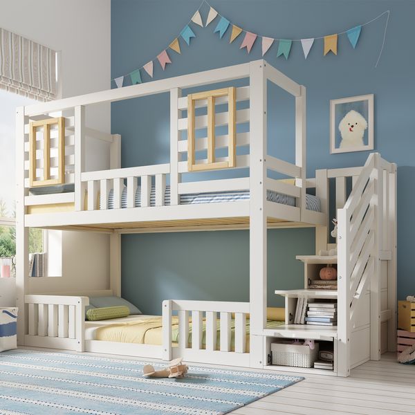 Merax Etagenbett 90x200 cm, Kinderbett, Jugendbett mit Holzfenstern und Treppenschrank, mit 2 Liegeflächen, Lattenrost inklusive, Weiß