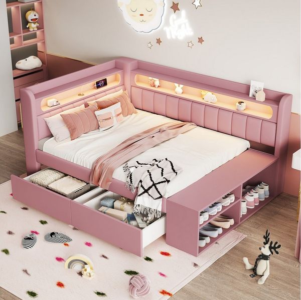 Flieks Daybett, Kinderbett 90x200cm mit Schuhschrank, 2 Schubladen, USB & LED
