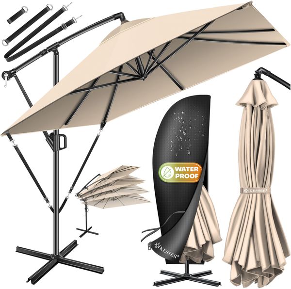 KESSER® 'Holly' Ampelschirm ohne LED Solar, inkl. Ständer, Abdeckung & Windsicherung mit Kurbel, Aluminium beige, Ø 350 cm