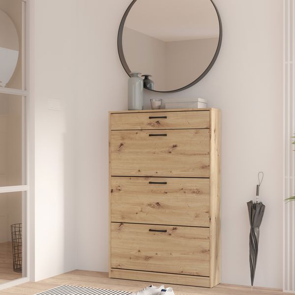 Forte NIKO Schuhschrank 80 90, Skandi-Schrank, 3 Kippfächer, 1 Schublade, Holzwerkstoff, Flur, Abstellraum, Artisan Eiche Holzdekor, 83,2 cm breit x 127,7 cm hoch x 20,4 cm tief