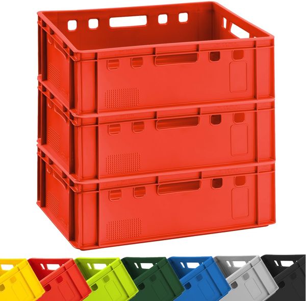 3x BURI Fleischkiste E2 Rot 60 x 40 x 20 cm Lagerkiste, Meischkiste, Metzgerkiste Eurobox aus Deutschland lebensmittelecht, robust, stapelbar