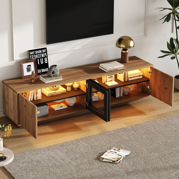 MODFU Lowboard Fernsehschrank 180x45x40 cm mit LED und 4 Türen, Naturholz/Schwarz (Packung, 1 St, mit zwei Schränken und LED-Lichtleiste), für Fernseher bis zu 75 Zoll