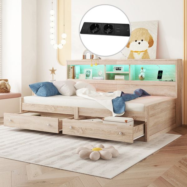 Tagesbett 90x200 cm mit LED-Beleuchtung, USB-Steckdosen und Schubladen,Multifunktionales Schlafsofa,mit Ambiente-Licht,Natur,inklusive Schaummatratze