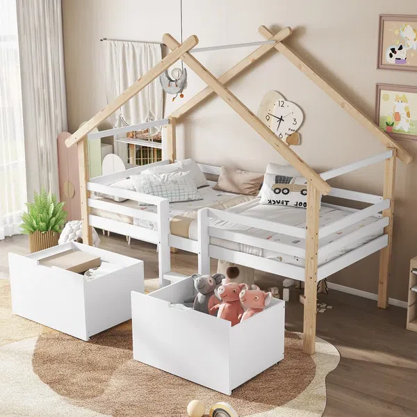 Hausbett mit Rausfallschutz, Lattenrost und Schubladen, 90x200 cm, Kinderbett, Jugendbett, Kiefer