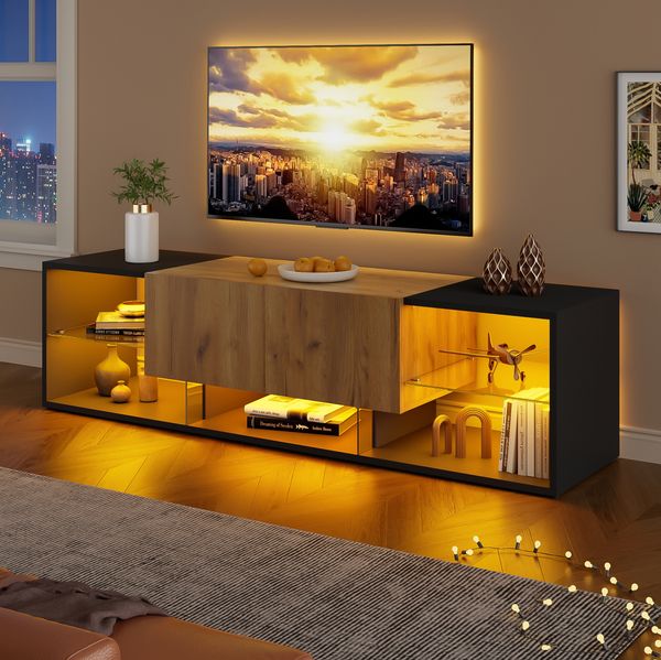 TV-Schrank mit LED, Glasablage & 2 Schubladen, 160 x 40 x 42 cm, Schwarz/Natur