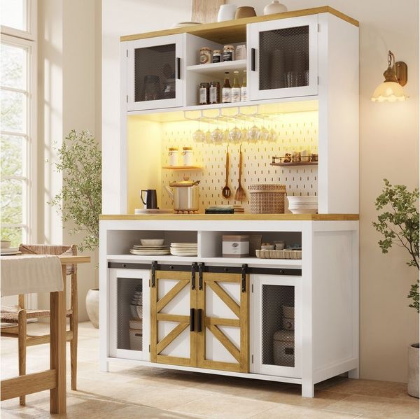 i@home Hochschrank Küchenschränke mit Smart-Light & Steckdosen USB-Anschluss,großzügiger Arbeitsfläche,LED-Beleuchtung,Schwarze /Weiß