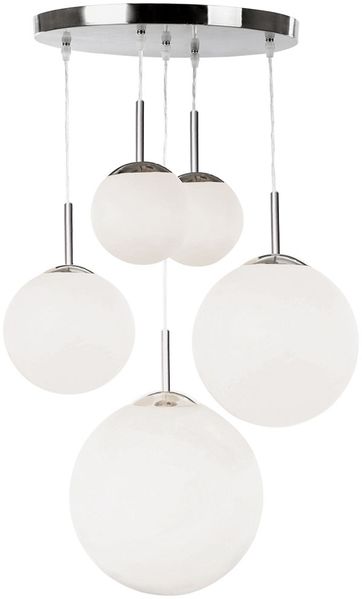 Hängelampe, Metall Glaskugel, 5-flammig, silber opal, H 90cm