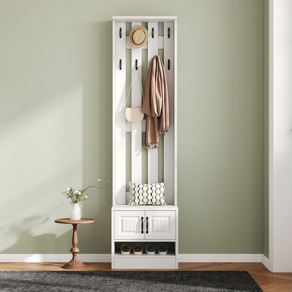 Refined Living Garderoben-Set Schmale Garderobe mit Sitzbank, 2 Türen & 8 Haken, Weiß, (B50×T36×H190 cm, Flurgarderobe, Schuhschrank mit Sitzbank, 2 Türen, 8 Haken, 1-St, platzsparend, schmal, viel Stauraum, modern, Weiß, mit Kippsicherung), ideal für ...