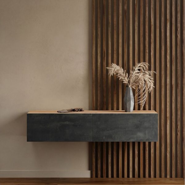 Planetmöbel Garderobenschrank Flur Möbel Garderobe 140 cm (ohne Spiegel) (Kompaktgarderobe mit Klappe als Stauraum, Hängeschrank 140 cm Gold Eiche / Schwarz Charcoal) Wandgarderobe (ohne Spiegel)