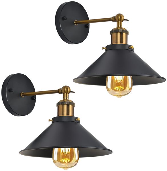 Comely 2 Stück Vintage Wandlampe, Schwarze Wandleuchte Industrial Design, 180° Verstellbare Wandlampe E27 max. 40W Deckenspots Innen für Wohnzimmer Schlafzimmer Büro Küche Flur