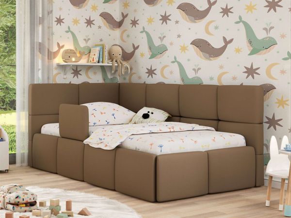 Jugendbett, Kinderbett mit Kopfteil ARVO ALTA 90x200 cm, Polsterbett mit Stauraum, hoher Schlafkomfort - Braun Kunstleder - Links - VIRE LUX