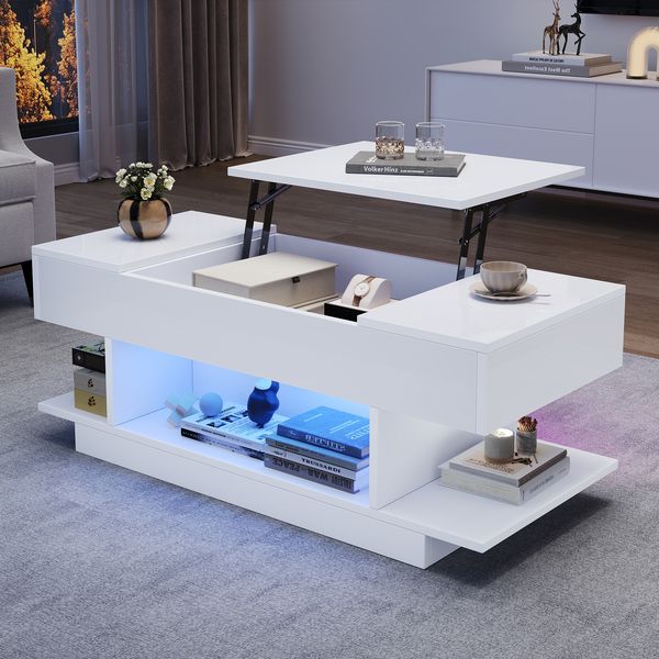 Couchtisch Weiß Hochglanz mit LED, Lift-Top Funktion, seitlichen Ablagen & 4 offenen Fächern, Wohnzimmertisch