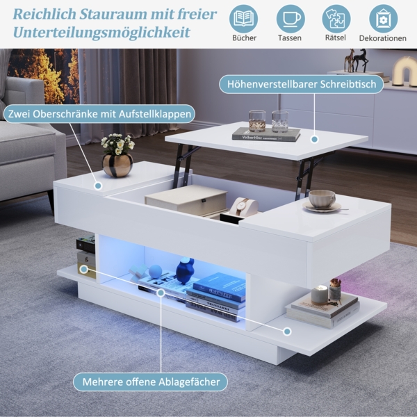 Couchtisch Weiß Hochglanz mit LED, Lift-Top Funktion, seitlichen Ablagen & 4 offenen Fächern, Wohnzimmertisch Bild 7