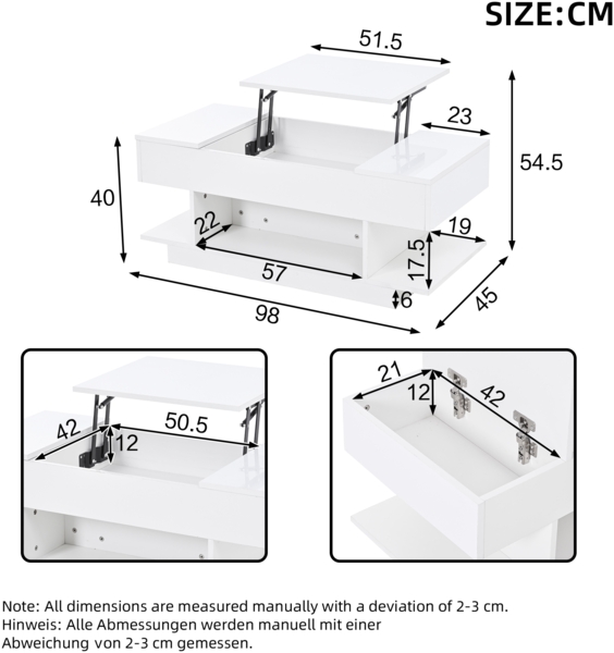 Couchtisch Weiß Hochglanz mit LED, Lift-Top Funktion, seitlichen Ablagen & 4 offenen Fächern, Wohnzimmertisch Bild 10