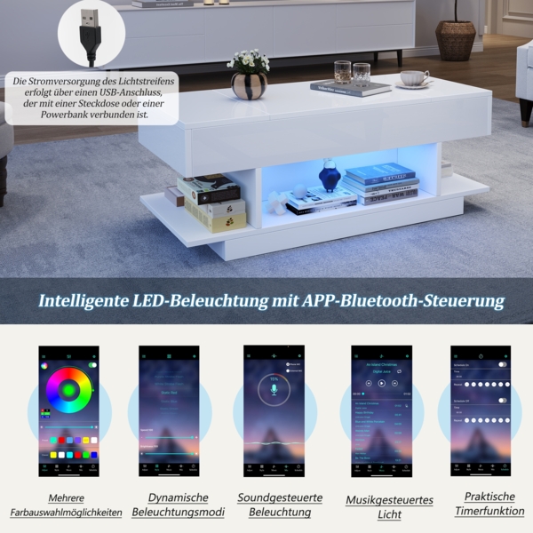 Couchtisch Weiß Hochglanz mit LED, Lift-Top Funktion, seitlichen Ablagen & 4 offenen Fächern, Wohnzimmertisch Bild 8