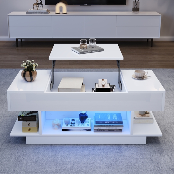 Couchtisch Weiß Hochglanz mit LED, Lift-Top Funktion, seitlichen Ablagen & 4 offenen Fächern, Wohnzimmertisch Bild 3