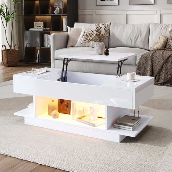 Couchtisch Weiß Hochglanz mit LED, Lift-Top Funktion, seitlichen Ablagen & 4 offenen Fächern, Wohnzimmertisch Bild 6