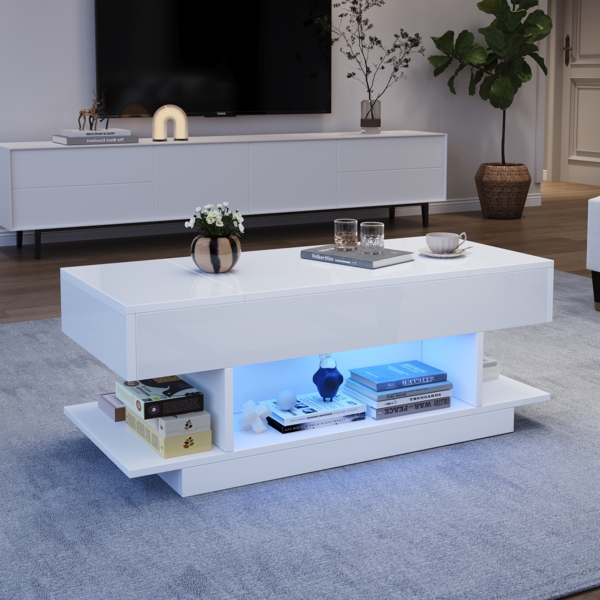 Couchtisch Weiß Hochglanz mit LED, Lift-Top Funktion, seitlichen Ablagen & 4 offenen Fächern, Wohnzimmertisch Bild 4