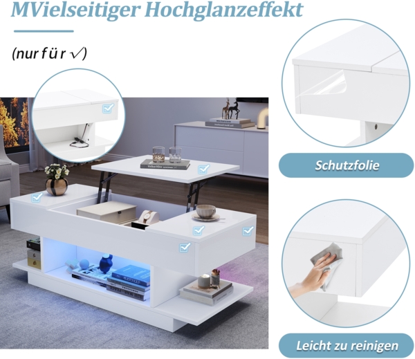 Couchtisch Weiß Hochglanz mit LED, Lift-Top Funktion, seitlichen Ablagen & 4 offenen Fächern, Wohnzimmertisch Bild 9
