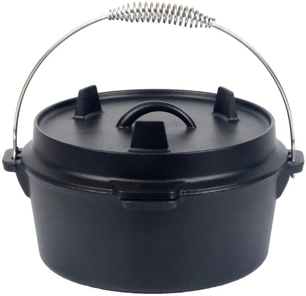 2x Dutch Oven Topf aus Gusseisen 4,3 Liter Schmortopf Kochtopf Grillplatten-Deckel Lagerfeuertopf schwarz
