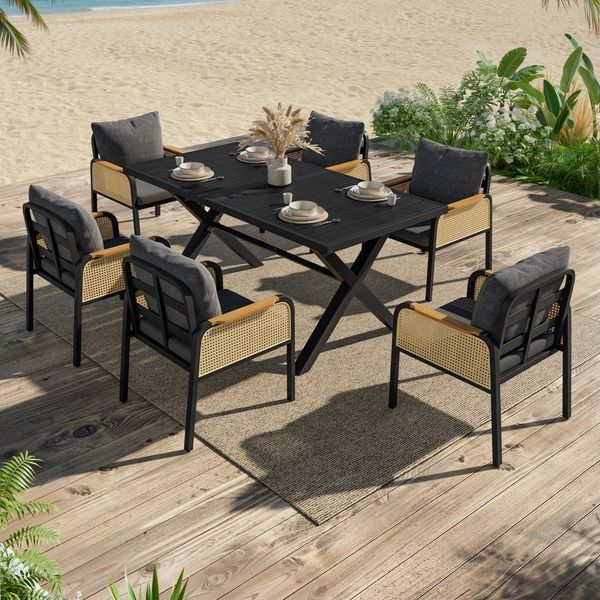 STILVORA Gartenlounge-Set Gartengarnitur mit 6 Stühle und Tisch Gartenmöbel-Set Terrassenmöbel, (Outdoor-Set mit Eisengestell Geflochtene Armlehnen, für mehrere Personen, Vielseitiger und lässiger Stil), für Rasenflächen, Terrassen, Flussufer und ander...