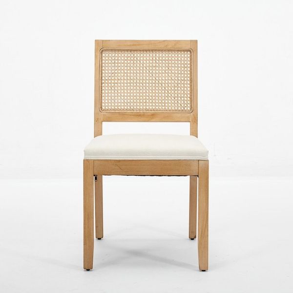 BBWL Esszimmerstuhl 2er Set Rattan Leinen Polsterstuhl Massivholz Mid Century Küchenstuhl, Esszimmerstühle Beige Farmhouse Design