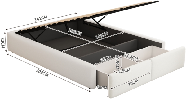 Merax Polsterbett ohne Kopfteil, mit hydraulischer Lagerung und 2 Schubladen, Weiß, 140*200cm Bild 4