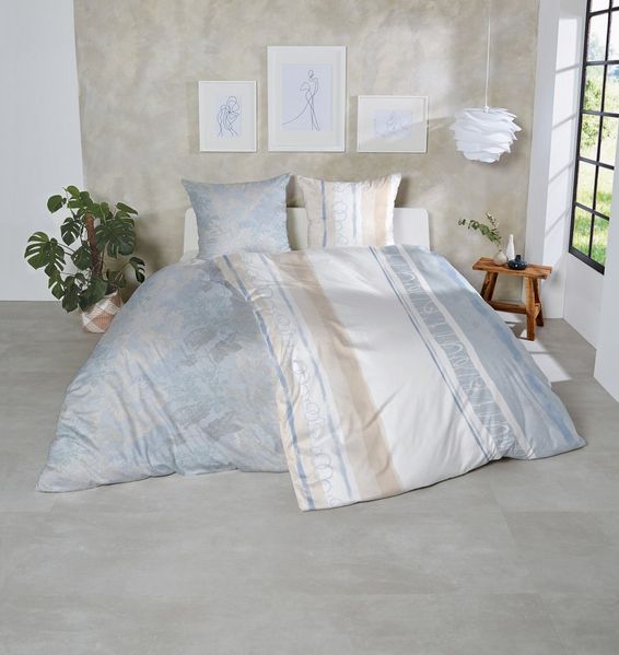 Westminster Feinbiber Bettwäsche 155x220 Rosen Zweige blau silber sand 173095-38