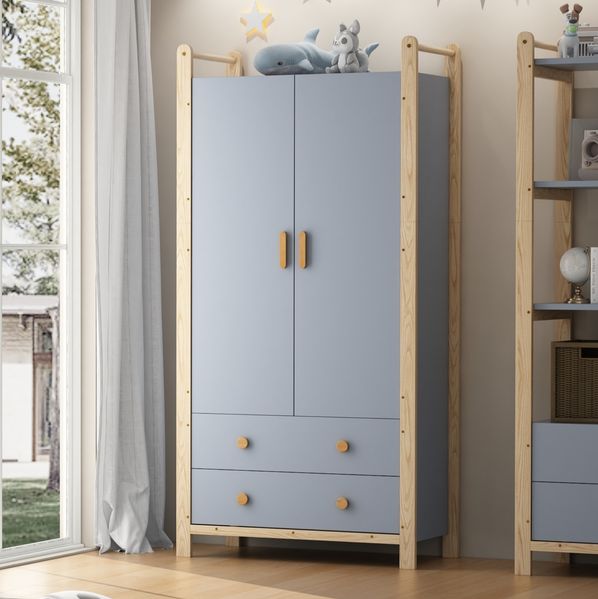 Garderobenset 89,6x44x180,5 cm & 70x44x180 cm mit Kleiderstange und Schubladen – Blau/Natur