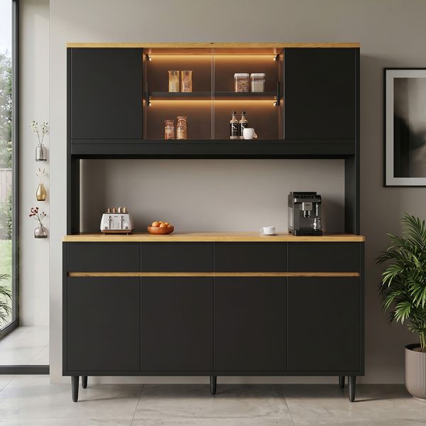 Merax Buffetschränke, Esszimmer-Hochschrank 160*40*185 cm, mehrstufigem Stauraum, integrierter Steckdose sowie USB-C- und USB-A-Anschlüssen,Mit farbigem Lichtstreifen, Schwarz + Eiche