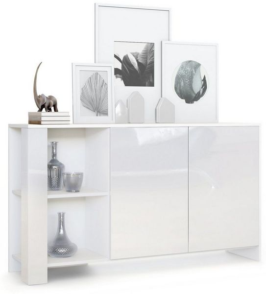 Sideboard Canto, lange Anrichte mit 2 Türen und 6 Fächern, Korpus Weiß matt, Fronten Weiß Hochglanz, Dekor-Paneele Weiß Hochglanz (143 x 81 x 36 cm)